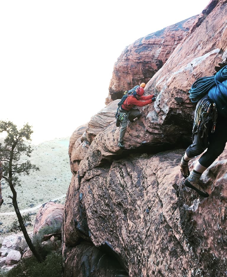 Sometimes the descents are sketchier than the climbs! Decending off a climb in Red Rock, Las Vegas. PC susan.